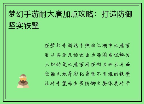 梦幻手游耐大唐加点攻略：打造防御坚实铁壁